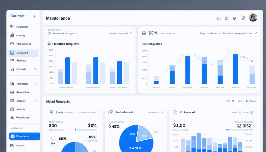 Digital dashboard interface of a property management software displaying multiple data widgets and charts