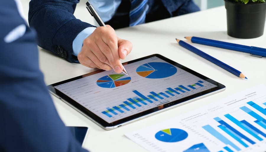 Professional using digital property management dashboard on tablet device