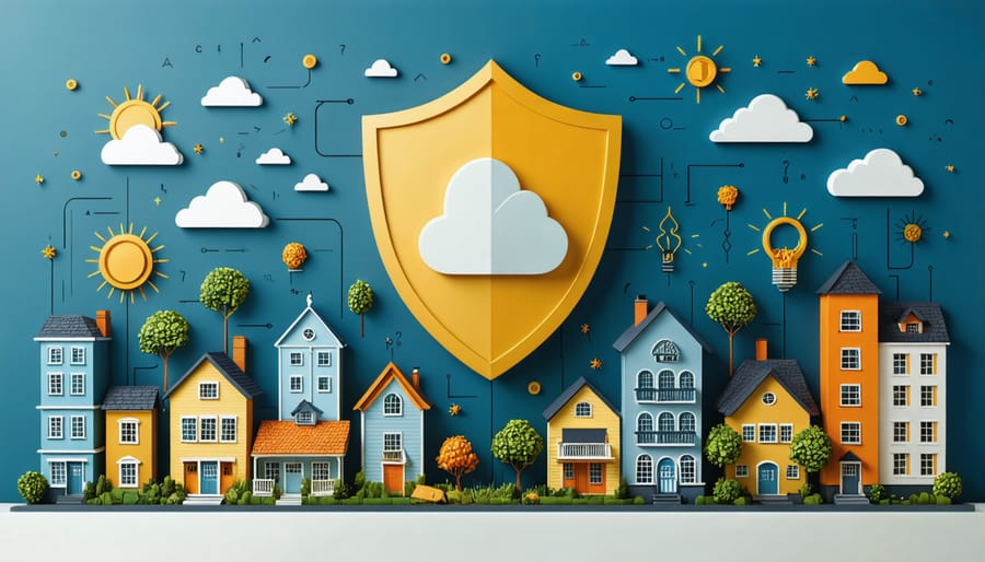 Conceptual illustration depicting a shield protecting various property types from threats like natural disasters and economic fluctuations, symbolizing comprehensive risk management.