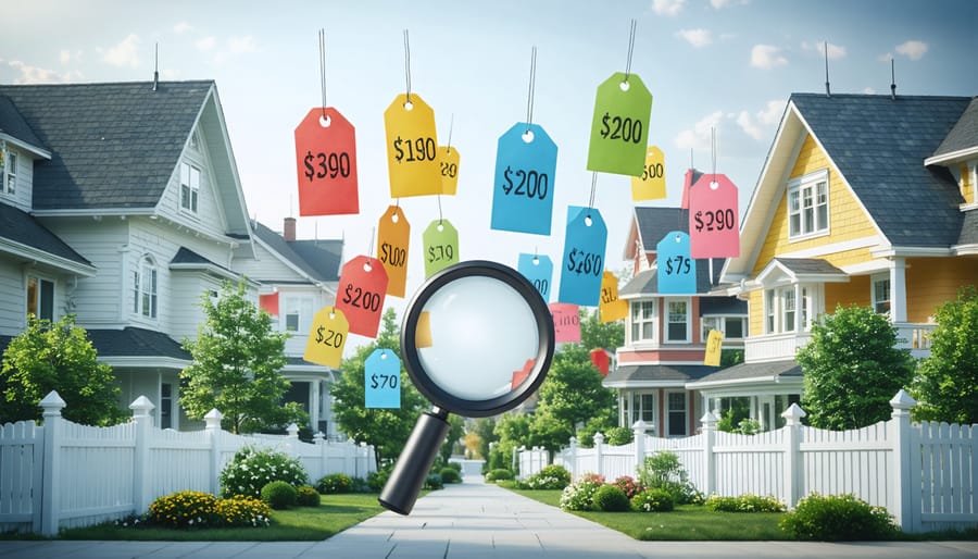 Conceptual depiction of a neighborhood showcasing varying property price tags to illustrate the contrast between market value and assessed value in real estate.