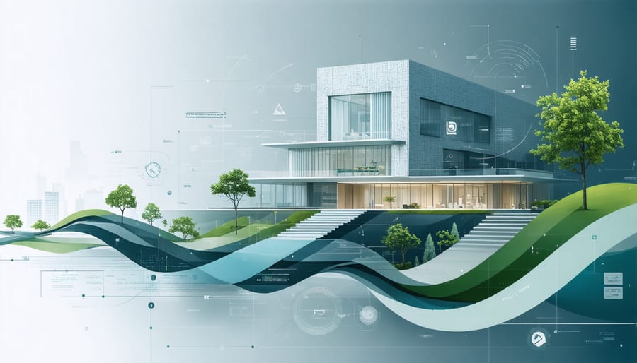 3D illustration showing various financing streams merging into a smart building