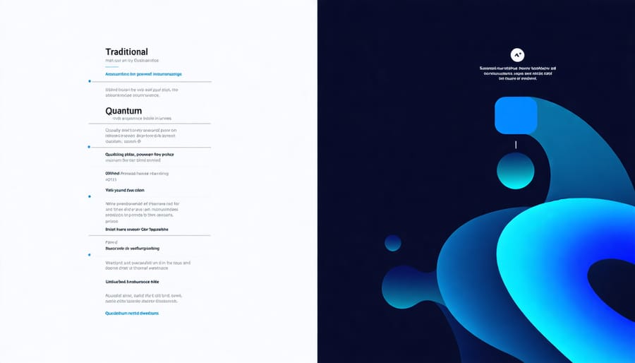 Side-by-side comparison showing traditional linear pricing models versus dynamic quantum-enhanced pricing calculations