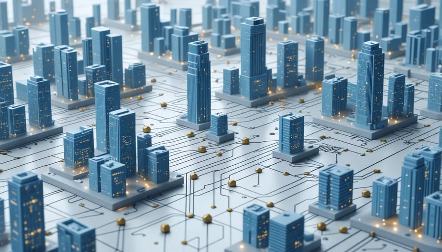 Abstract representation of quantum computing analyzing real estate data with glowing circuits and building wireframes