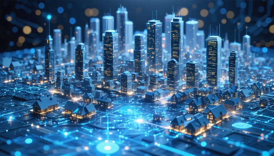 A conceptual image depicting the fusion of quantum computing and real estate insurance, featuring glowing circuits intertwined with wireframes of city buildings representing advanced data analysis.