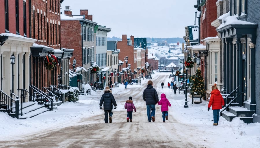 Families walking through snow-covered streets of historic Quebec City