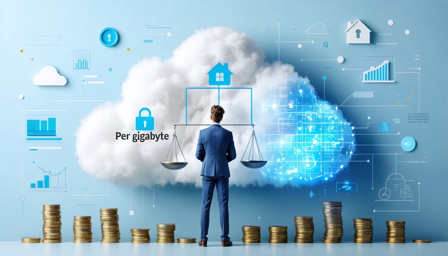 Conceptual illustration showing a real estate professional assessing cloud storage options with a digital cloud divided into pricing models, featuring symbols for cost and security, alongside real estate icons.
