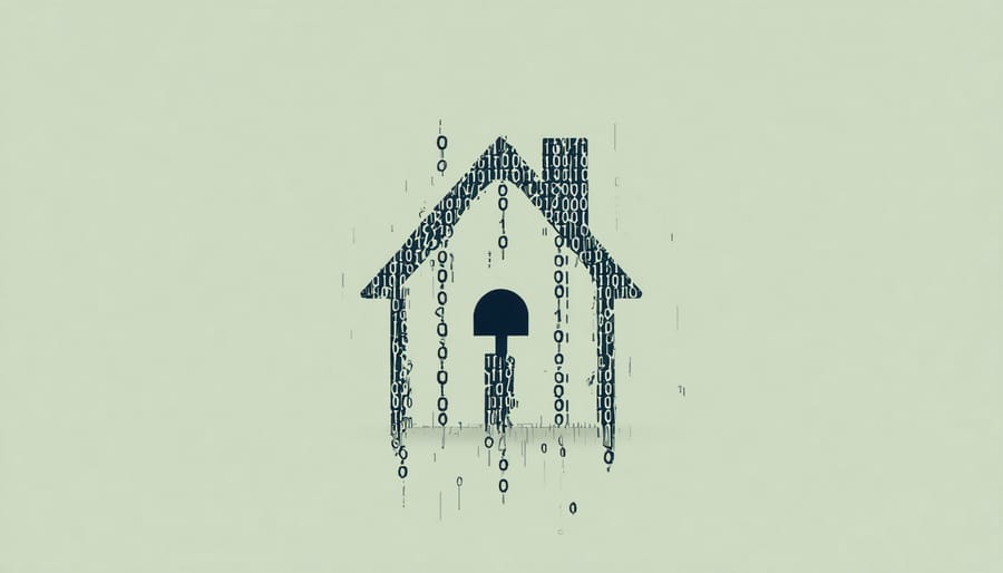 Visualization of cyber attack targeting real estate data with streams of binary code surrounding a house icon
