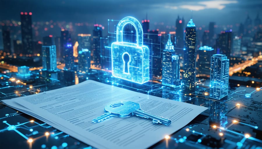 Conceptual image showing a digital cityscape with circuit-themed buildings, a digital lock, and key above property documents, symbolizing protection from ransomware threats in the real estate industry.