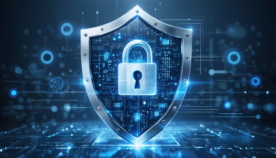 Digital portrayal of a cybersecurity shield protecting a real estate office, symbolizing the safeguarding of digital assets and client data in the real estate industry.