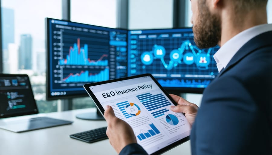 Real estate professional examining E&O insurance documents on a digital tablet, highlighting cybersecurity considerations in a modern office environment.