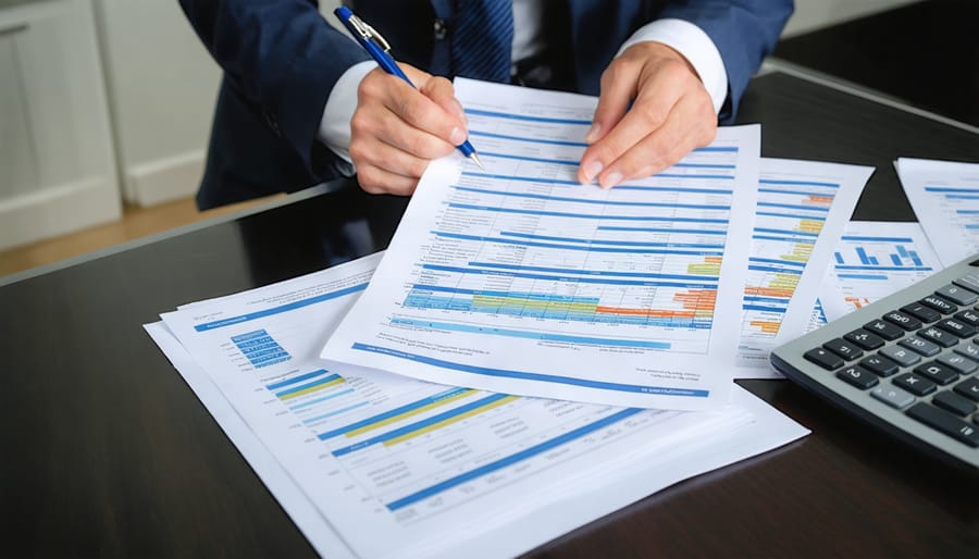 Real estate agent analyzing business financial statements and tax planning documents
