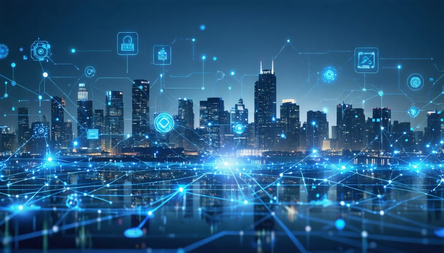 Illustration of a futuristic city skyline with digital elements representing blockchain, AI, and fintech icons, symbolizing the digital transformation in real estate investment.