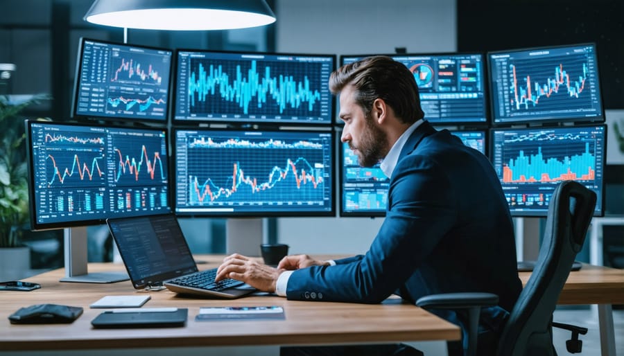 Investment professional examining real estate market charts and monetary policy indicators