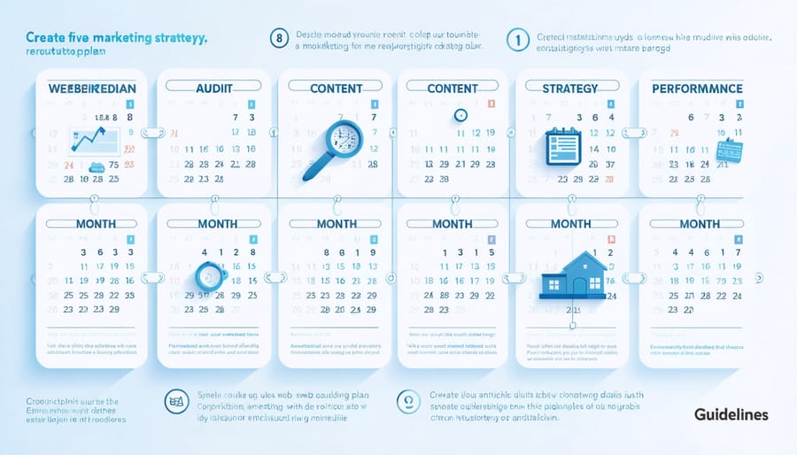 Conceptual illustration of a 12-month real estate marketing calendar featuring digital marketing tools and icons.