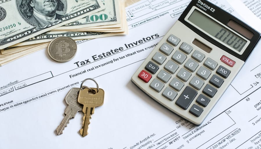 A calculator with financial documents, property keys, and subtle currency symbols representing smart tax strategies for real estate investors.