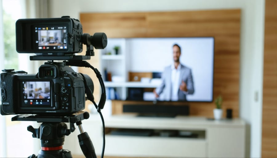 Real estate professional filming property walkthrough video with camera and lighting setup