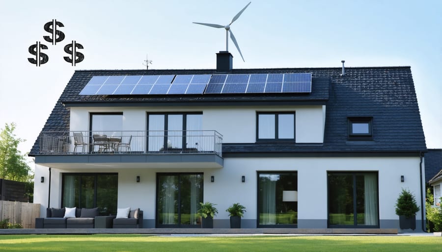 Modern home showcasing renewable energy systems including solar panels and a wind turbine, representing energy-efficient tax savings potential.