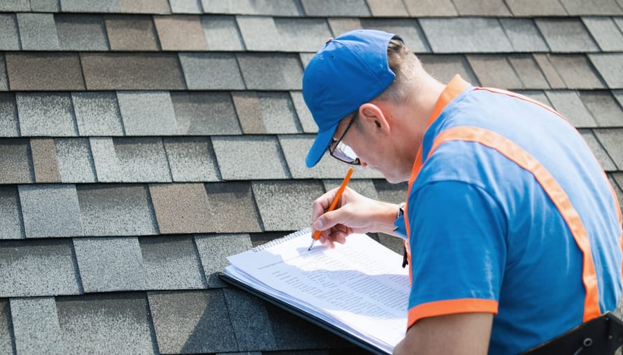 Home inspector on roof checking shingle condition and taking notes