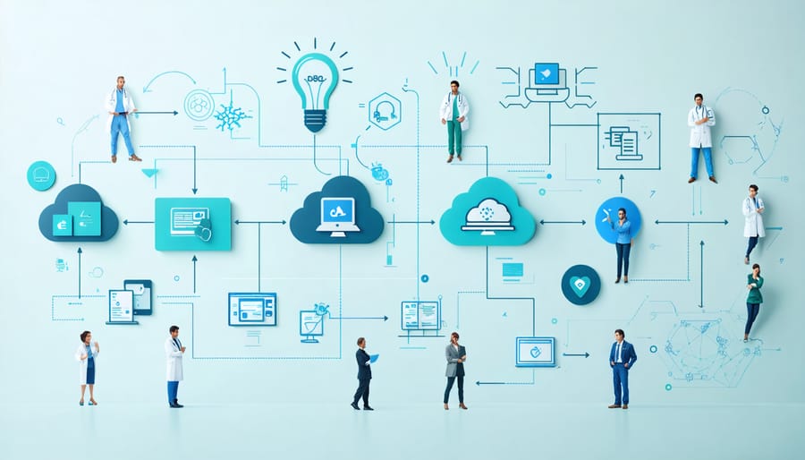 Conceptual illustration showing a streamlined health insurance claims process enhanced by digital technologies, featuring a flowchart with AI, blockchain, and cloud symbols.