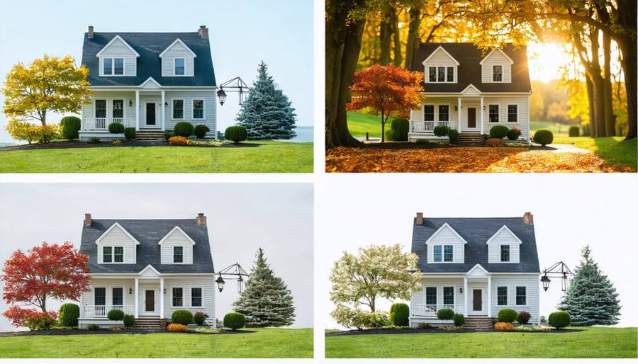 Seasonal home maintenance collage showing spring cleaning, summer lawn care, fall gutter cleaning, and winter snow removal