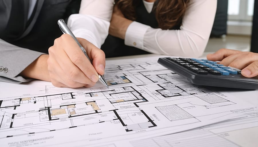 Couple analyzing mortgage paperwork and financial documents for second home purchase