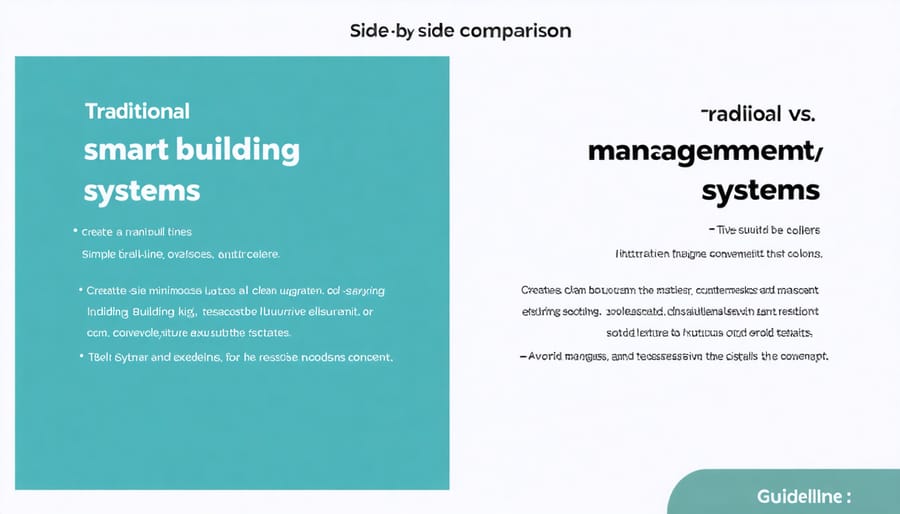 Split-screen visualization comparing traditional building controls with modern sustainable management systems