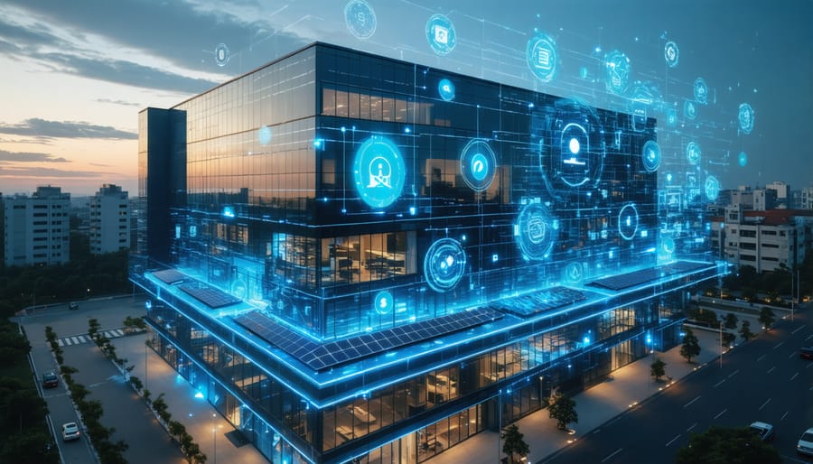 A modern commercial building with smart technology integration, showcasing smart glass windows, solar panels, and digital data elements representing AI, blockchain, and IoT.
