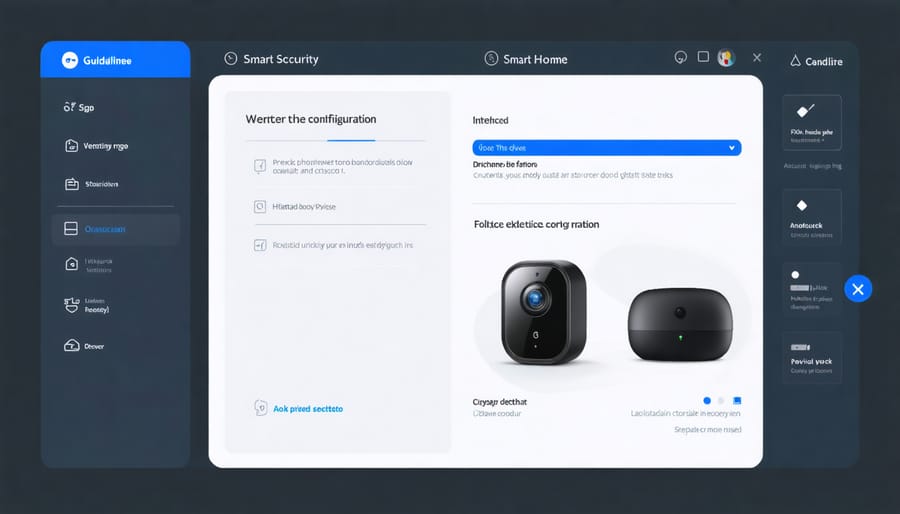 Screenshot series showing security setup steps for a smart home device, including password protection and two-factor authentication
