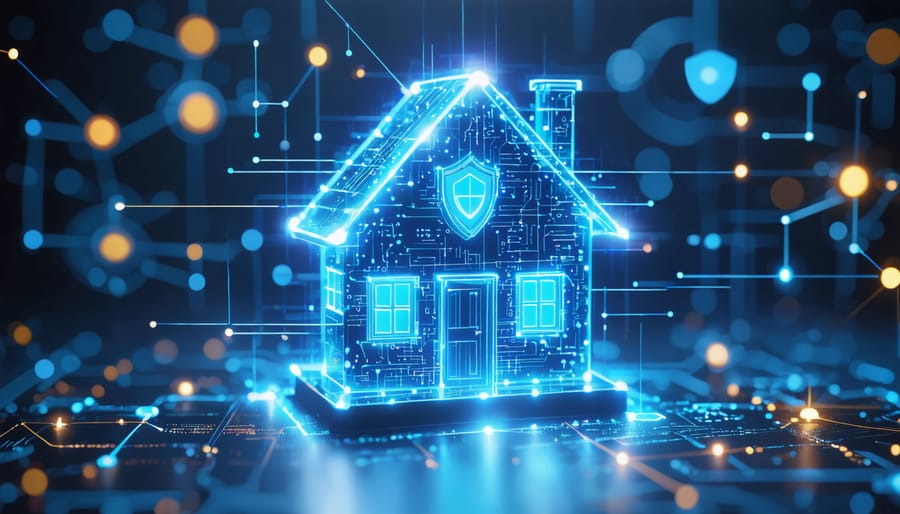 A smart home encased in a digital shield with network lines representing cyber connectivity and highlighted vulnerability points, conceptually illustrating the need for cyber protection.