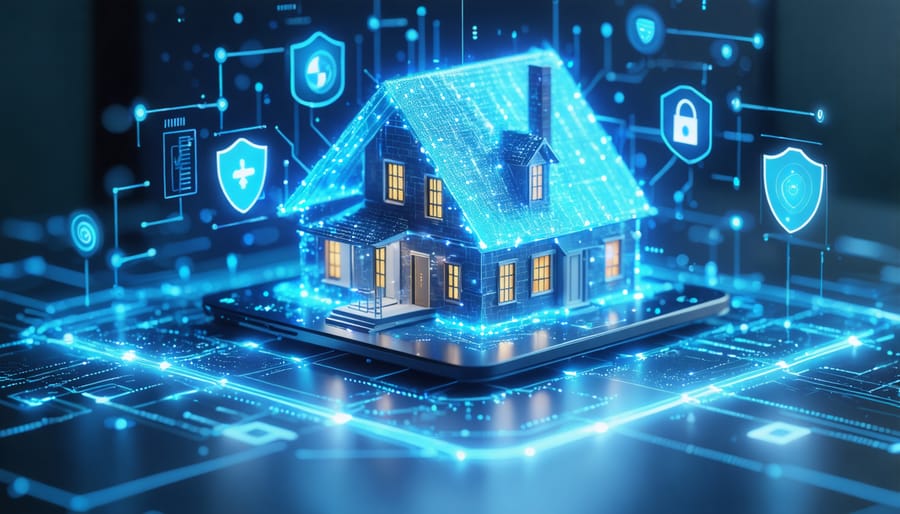 Conceptual image of a smart home with digital shields and data lines protecting smart devices like a thermostat, security camera, and door lock, symbolizing the importance of cyber protection.