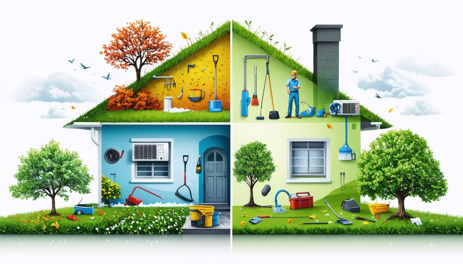 Conceptual illustration of a home showcasing seasonal maintenance tasks such as spring cleaning, summer lawn care, fall gutter cleaning, and winter snow preparation, with small icons for HVAC, plumbing, and electrical systems.