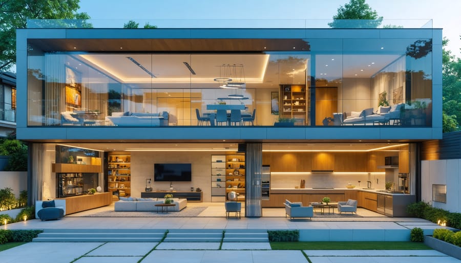 Artistic depiction of a modern home with a transparent facade, revealing interior rooms undergoing structural, systems, and cosmetic renovations, including construction tools and modern design elements.
