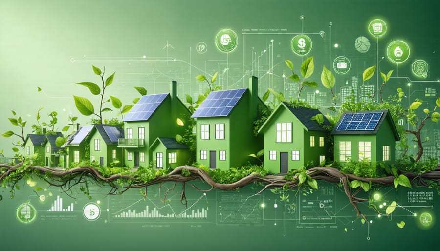 Conceptual depiction of various green building financing methods including digital crowdfunding, financial graphs, and eco-friendly buildings with solar panels, interconnected by elements of nature and growth.