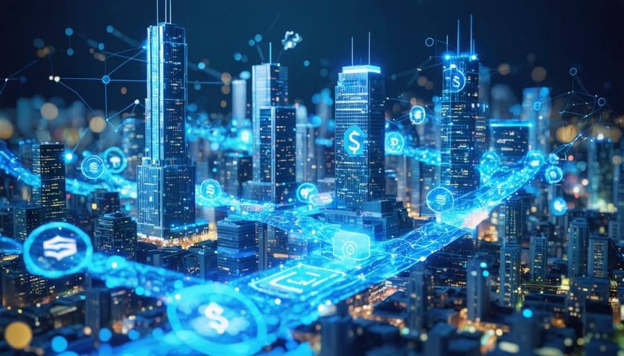 Illustration showing a futuristic city with digital data streams and financial symbols merging into smart buildings, representing the integration of technology financing in real estate.