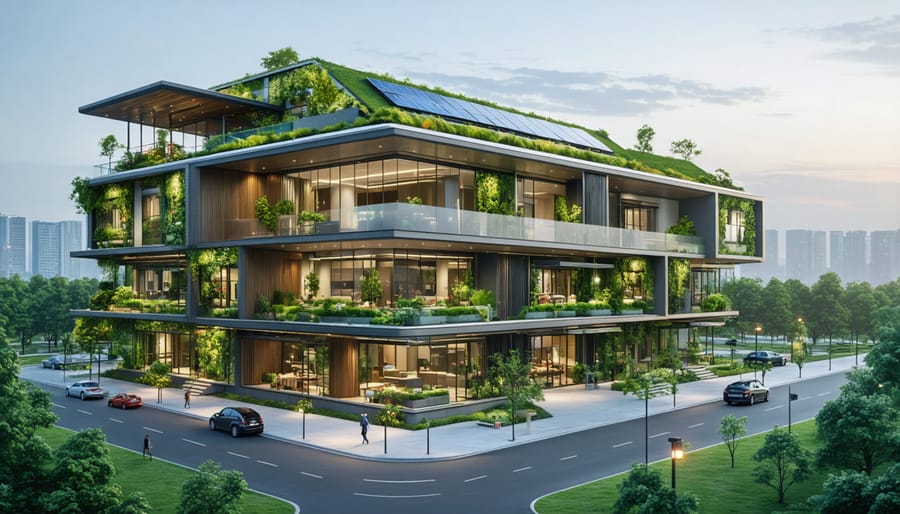 Illustration of a modern eco-friendly commercial building featuring solar panels, a green roof, and energy-efficient smart windows, surrounded by elements of nature.