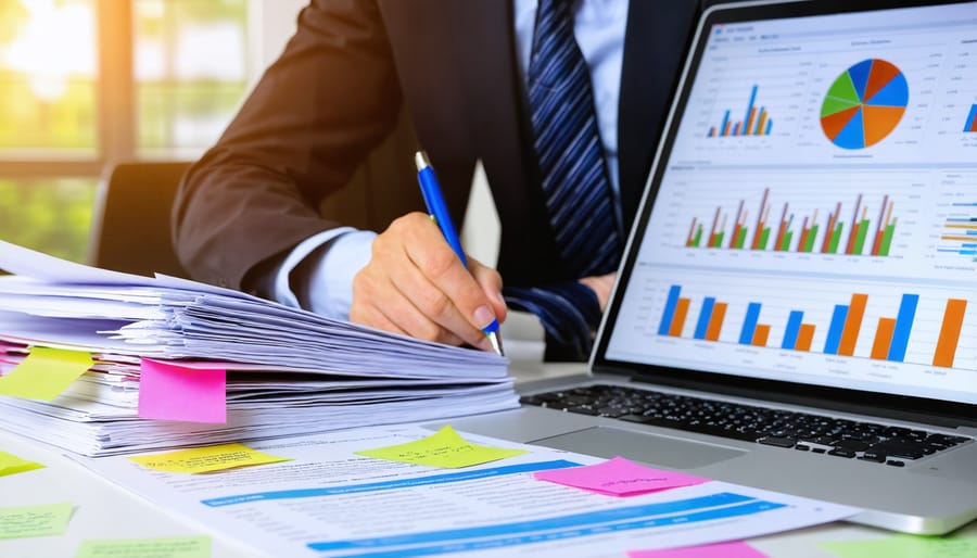 Real estate professional analyzing policy documents with highlighted sections and a digital risk management dashboard for strategic evaluation.