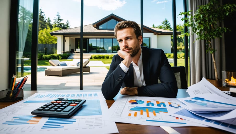 A visionary person surrounded by financial documents and a glimpse of a luxurious second home, symbolizing strategic planning and preparation for second home ownership.