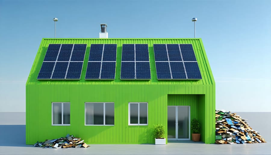 Sustainable commercial building featuring renewable energy systems and eco-friendly construction
