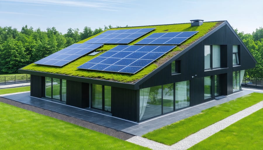 Energy-efficient commercial building featuring solar panels, green roof, and smart windows