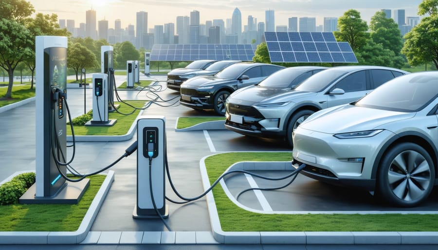 A futuristic fleet of electric vehicles equipped with telematics devices charging at a solar-powered station, representing the integration of technology and sustainability in transportation insurance.