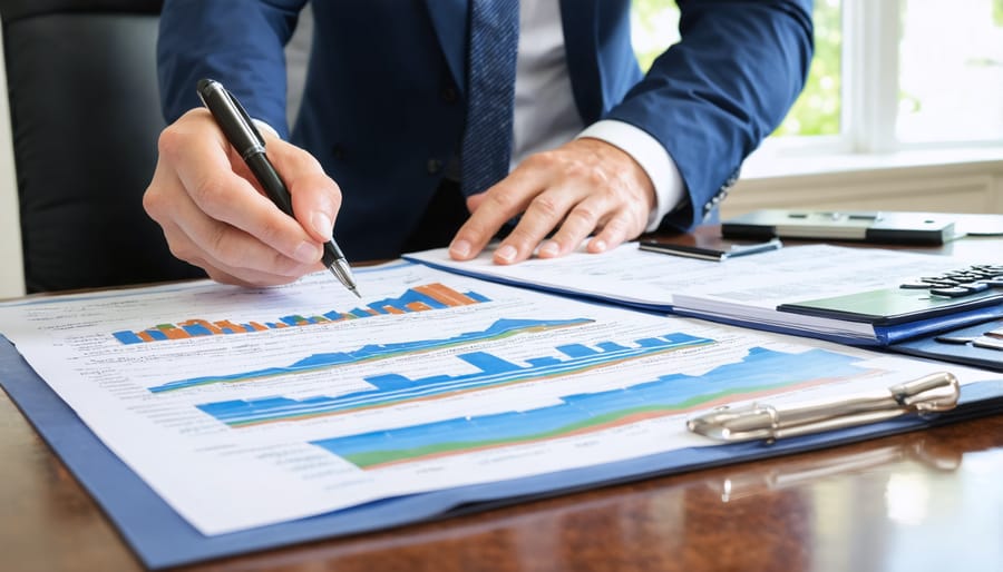 Tax professional and real estate investor reviewing property tax documents at desk