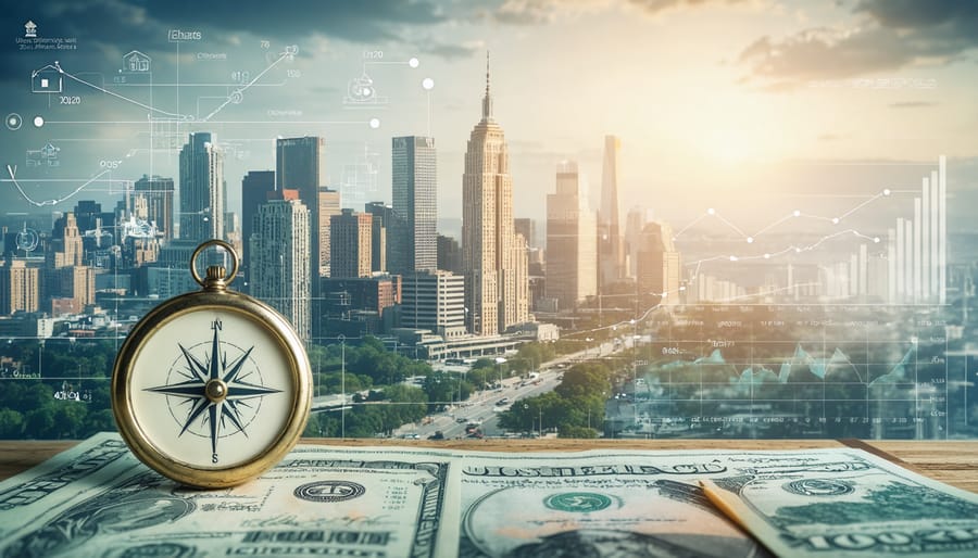 Conceptual illustration showcasing the U.S. housing market forecast for 2024, featuring buildings, a compass, and economic indicators.