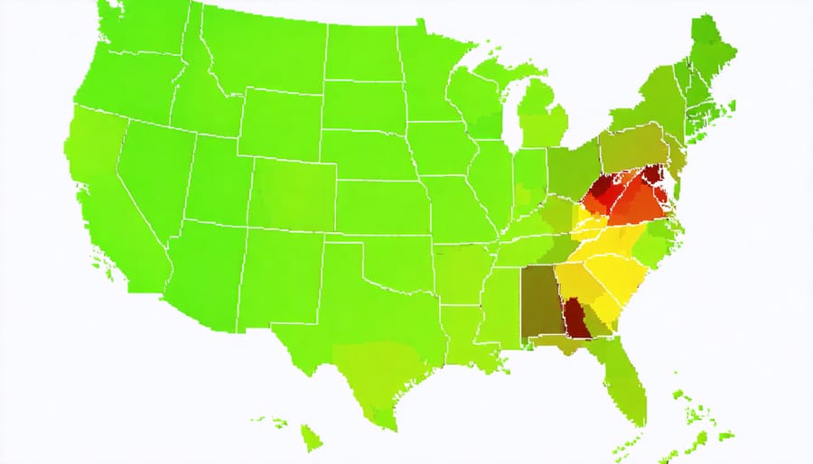 Color-coded map of U.S. housing price changes by region