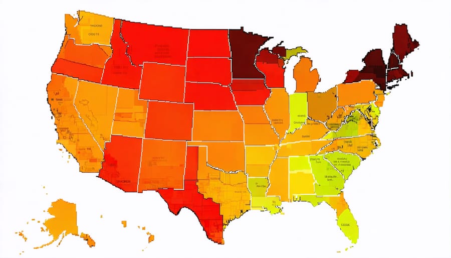 Color-coded map of U.S. showing housing price changes by region