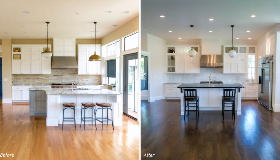Side-by-side comparison of kitchen renovation showing transformation from outdated to modern design