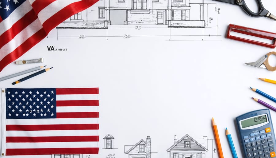 An inviting scene depicting blueprints and renovation tools alongside military symbols like a small American flag, illustrating the concept of VA renovation loans enabling veterans to transform their homes.