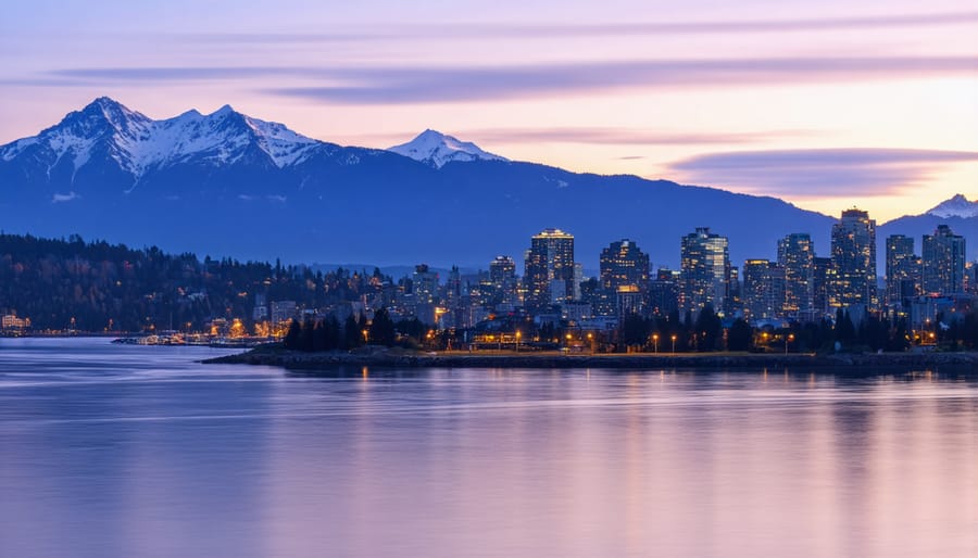 Vancouver cityscape with snow-capped North Shore mountains and harbor views