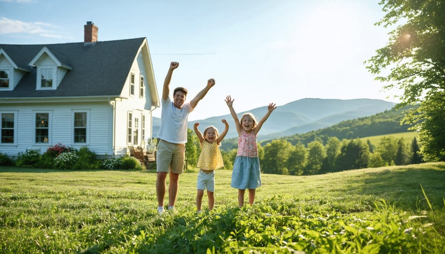 A young family standing joyfully in front of their new Vermont home, surrounded by lush greenery and hills, representing the success of first-time homebuyer grants in achieving homeownership.