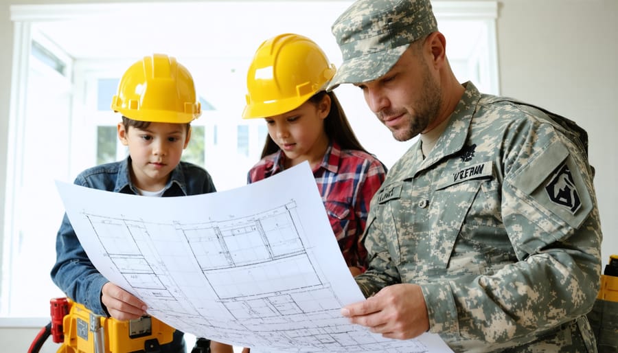 Veteran homeowner discussing renovation blueprints with a licensed contractor