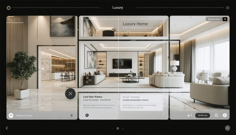 Virtual reality interface displaying interactive 3D tour of luxury home interior